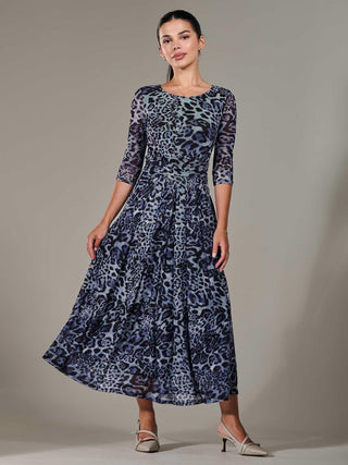 Petite Pleated Half Sleeve Midi Dress, Grey Leopard