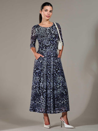 Petite Pleated Half Sleeve Midi Dress, Grey Leopard