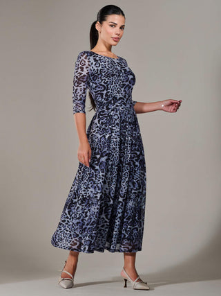 Petite Pleated Half Sleeve Midi Dress, Grey Leopard