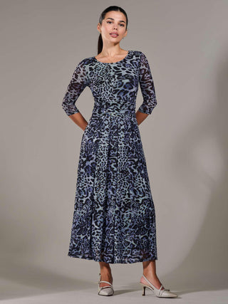 Petite Pleated Half Sleeve Midi Dress, Grey Leopard