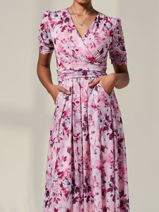 Petite Wrap Front Ruched Sleeve Midi Dress, Pink Floral