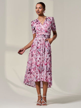 Petite Wrap Front Ruched Sleeve Midi Dress, Pink Floral