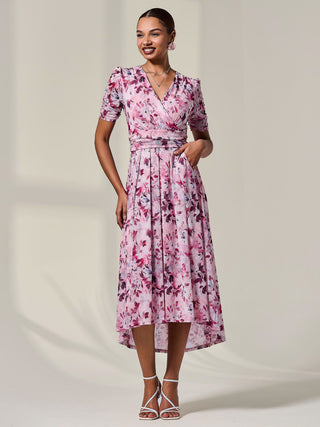 Petite Wrap Front Ruched Sleeve Midi Dress, Pink Floral