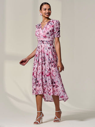 Petite Wrap Front Ruched Sleeve Midi Dress, Pink Floral