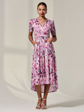 Petite Wrap Front Ruched Sleeve Midi Dress, Pink Floral