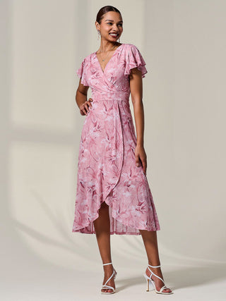 Petite Mesh Short Sleeve Wrap Midaxi Dress, Pink Floral
