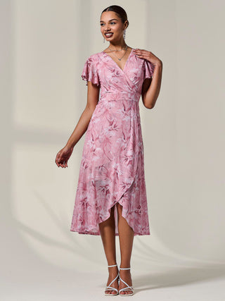 Petite Mesh Short Sleeve Wrap Midaxi Dress, Pink Floral