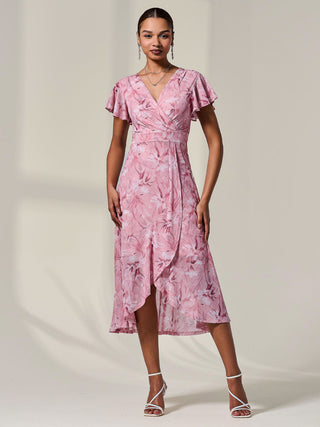 Petite Mesh Short Sleeve Wrap Midaxi Dress, Pink Floral