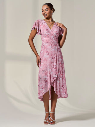 Petite Mesh Short Sleeve Wrap Midaxi Dress, Pink Floral