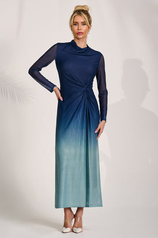 Petite Long Sleeve Mesh Maxi Dress, Green Multi