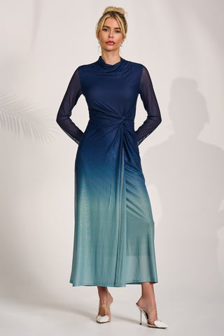 Petite Long Sleeve Mesh Maxi Dress, Green Multi