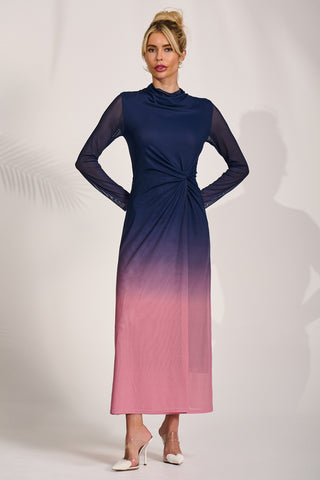 Petite Long Sleeve Mesh Maxi Dress, Pink Multi