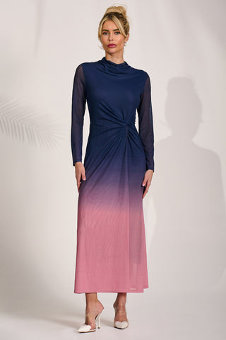 Petite Long Sleeve Mesh Maxi Dress, Pink Multi