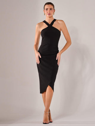 Cross Over Halter Neck Midi Dress, Black