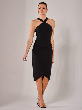 Cross Over Halter Neck Midi Dress, Black