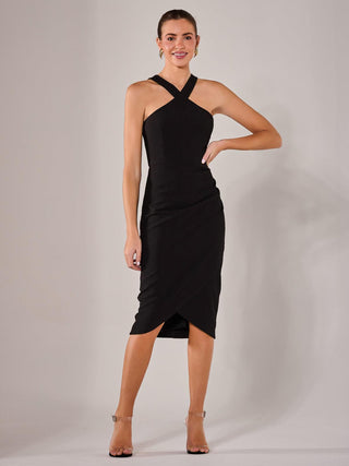 Cross Over Halter Neck Midi Dress, Black