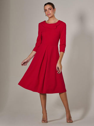 Roll Collar Long Sleeve Midi Dress, Red