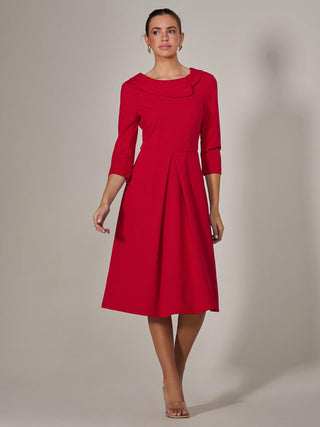 Roll Collar Long Sleeve Midi Dress, Red