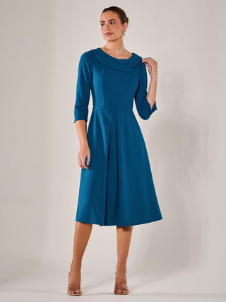 Roll Collar Long Sleeve Midi Dress, Teal