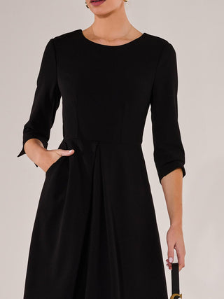 Round Neck 3/4 Sleeve Midi Dress, Black