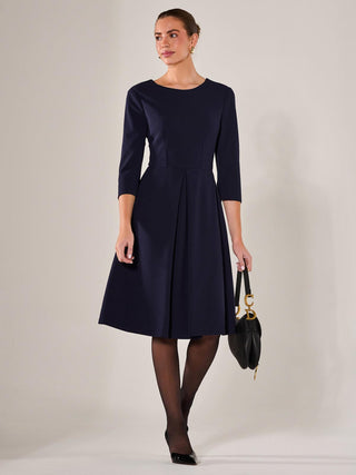 Round Neck 3/4 Sleeve Midi Dress, Navy