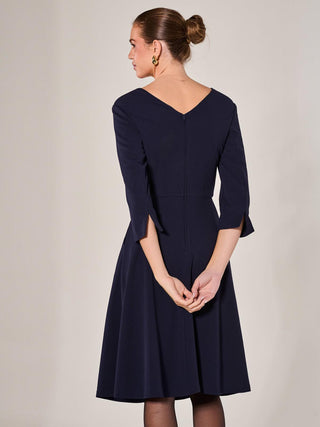 Round Neck 3/4 Sleeve Midi Dress, Navy