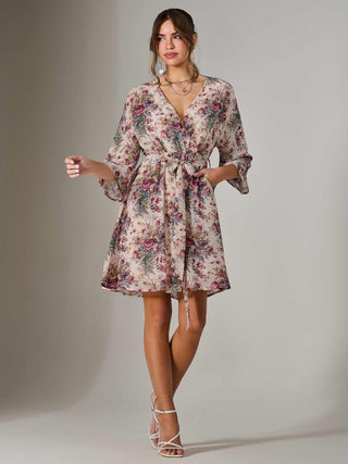 Chiffon 3/4 Sleeve Mini Dress, Abstract Multi