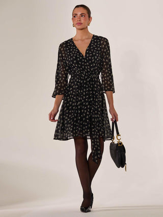 Chiffon 3/4 Sleeve Mini Dress, Black Floral