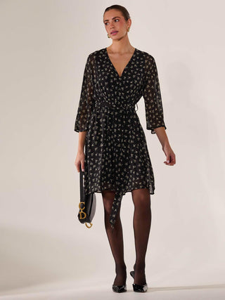 Chiffon 3/4 Sleeve Mini Dress, Black Floral