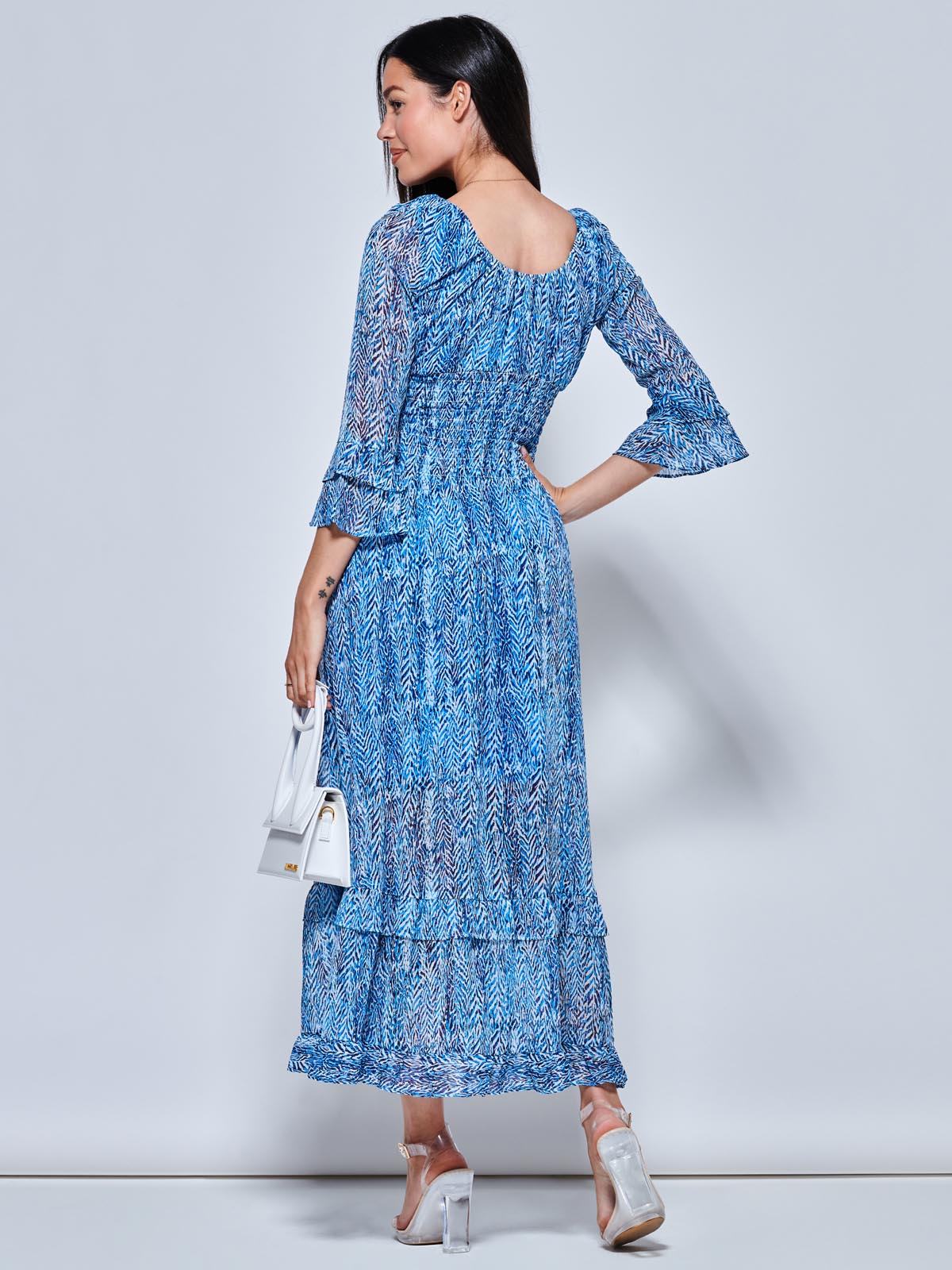 V Neck Shirred Chiffon Maxi Dress, Blue Abstract