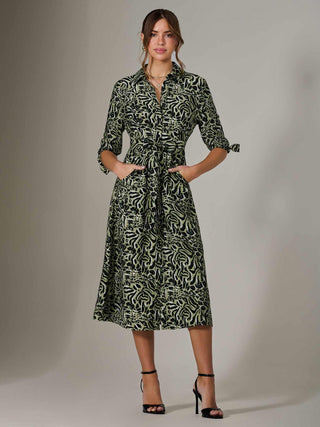 Tie Sleeve Shirt Maxi Dress, Green Leopard