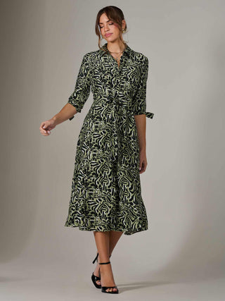 Tie Sleeve Shirt Maxi Dress, Green Leopard
