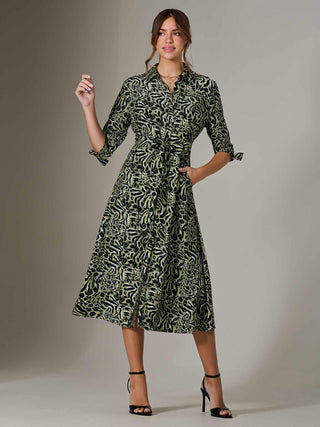 Tie Sleeve Shirt Maxi Dress, Green Leopard