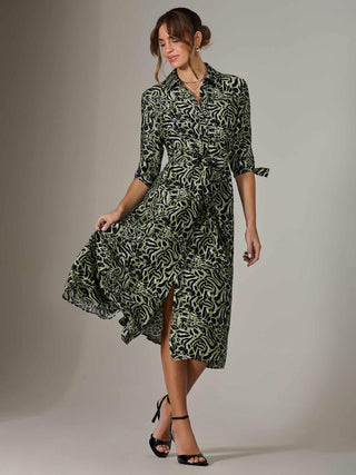 Tie Sleeve Shirt Maxi Dress, Green Leopard