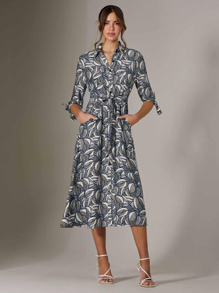 Tie Sleeve Shirt Maxi Dress, Navy Abstract