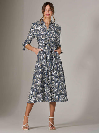 Tie Sleeve Shirt Maxi Dress, Navy Abstract