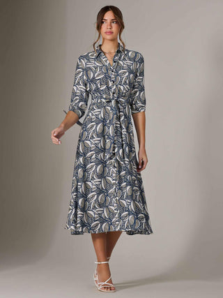 Tie Sleeve Shirt Maxi Dress, Navy Abstract