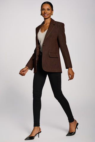 Oversized Single-Breasted Denim Blazer, Brown