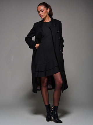 Asymmetric Button Detail Fit & Flare Coat, Black