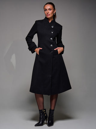 Asymmetric Button Detail Fit & Flare Coat, Black