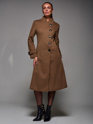 Asymmetric Button Detail Fit & Flare Coat, Brown