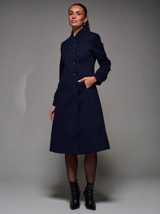 Asymmetric Button Detail Fit & Flare Coat, Navy