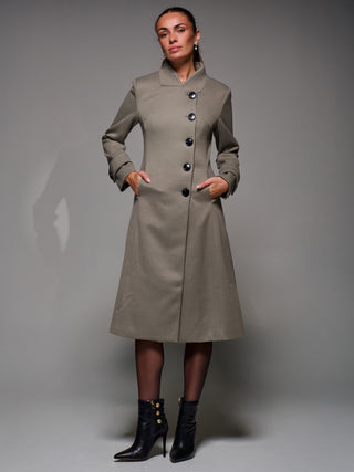 Asymmetric Button Detail Fit & Flare Coat, Stone Green