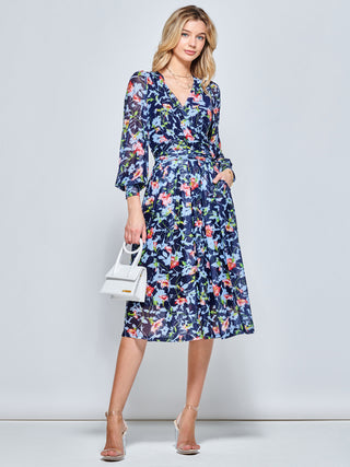 Floral Long Sleeve Mesh Midi Dress, Navy Floral