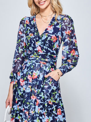 Floral Long Sleeve Mesh Midi Dress, Navy Floral