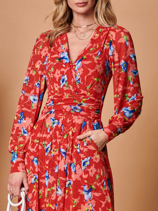 Floral Long Sleeve Mesh Midi Dress, Red Floral