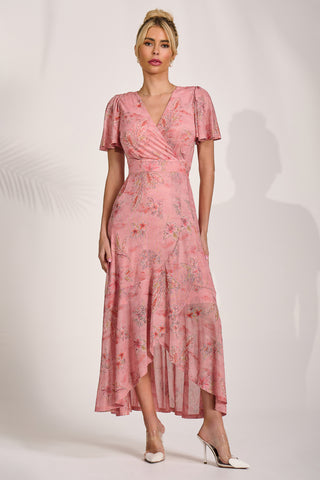 Mesh Wrap Midaxi Dress, Pink Floral