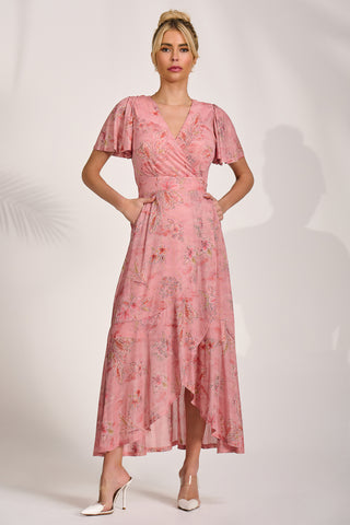 Mesh Wrap Midaxi Dress, Pink Floral