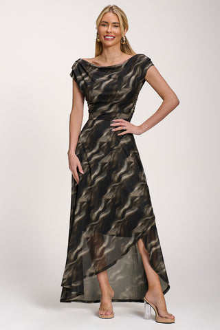 Asymmetric Mesh Maxi Dress, Khaki Abstract