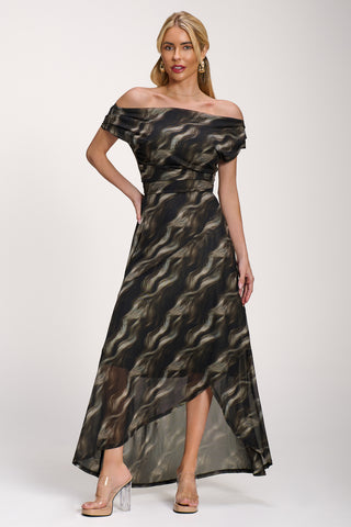 Asymmetric Mesh Maxi Dress, Khaki Abstract